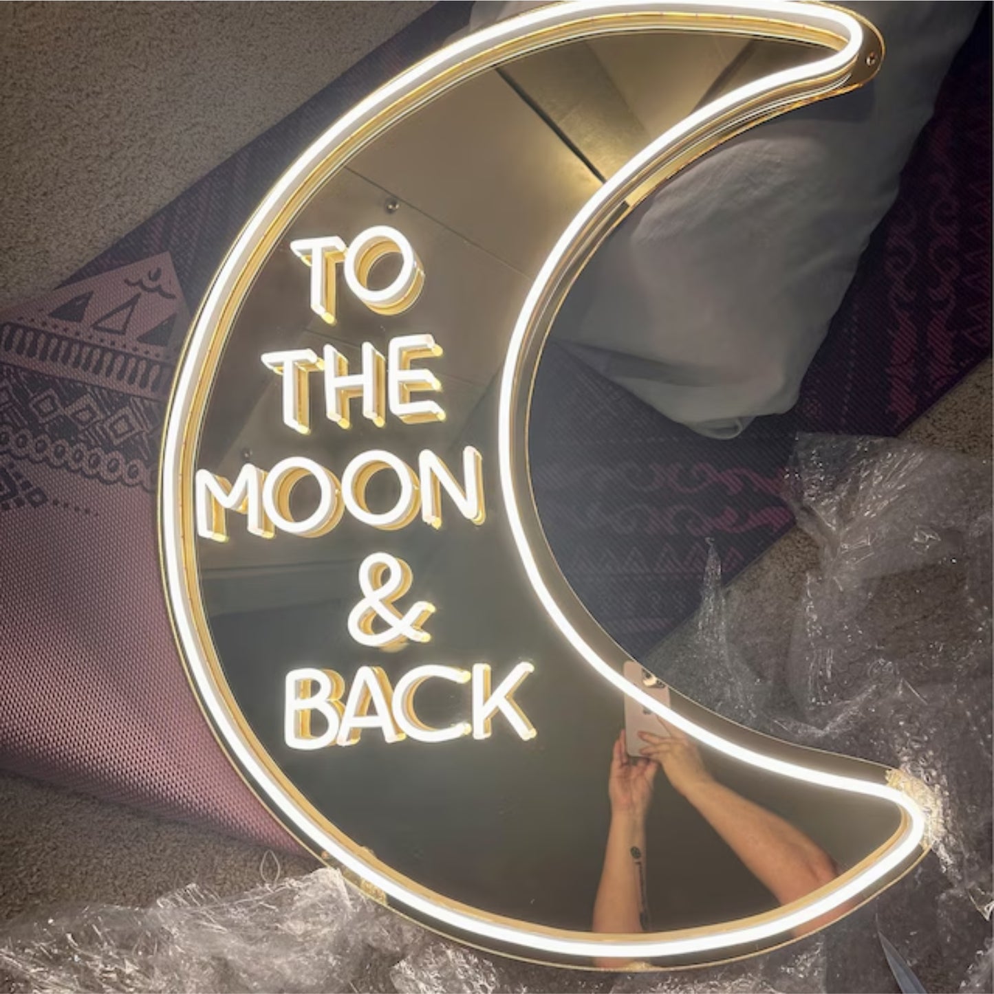 'To the moon & back' mirror surface neon sign